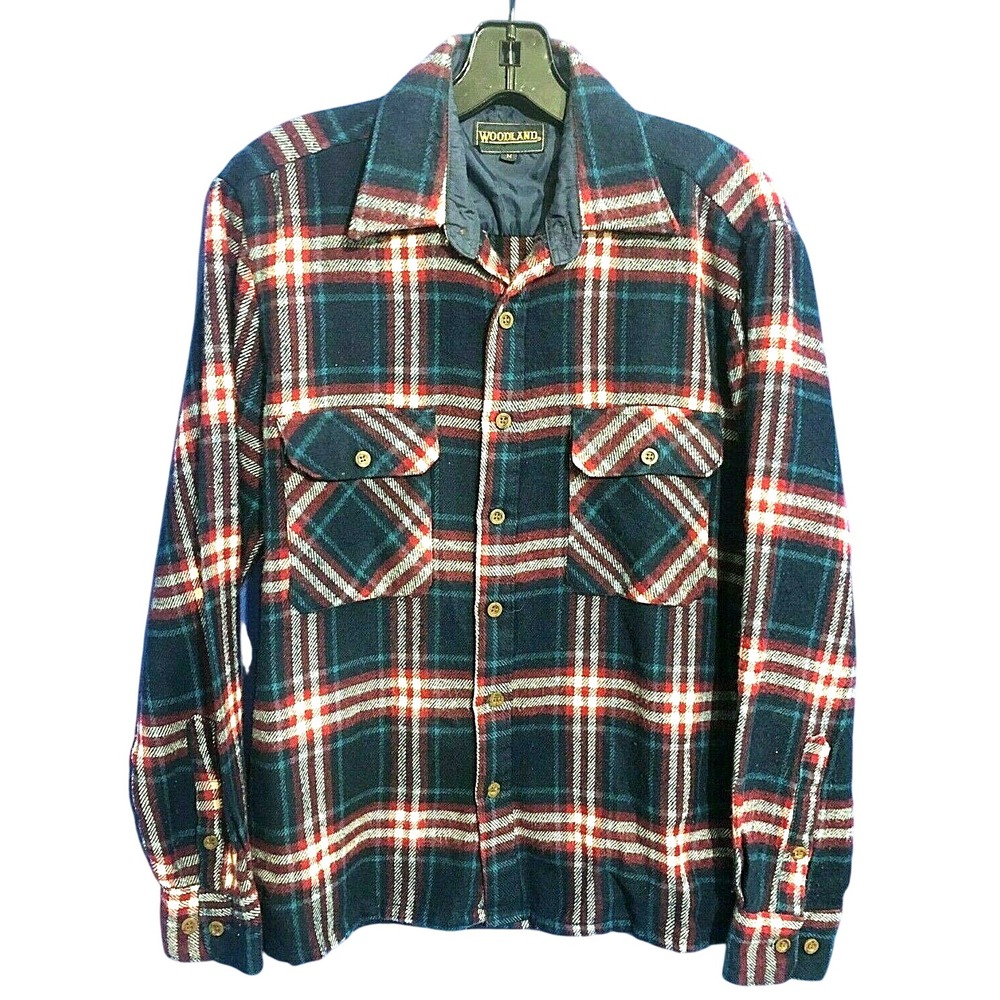 VTG WOODLAND Virgin Acrylic LUMBERJACK PLAID WORK SHIRT Button-Up BLUE GRUNGE M